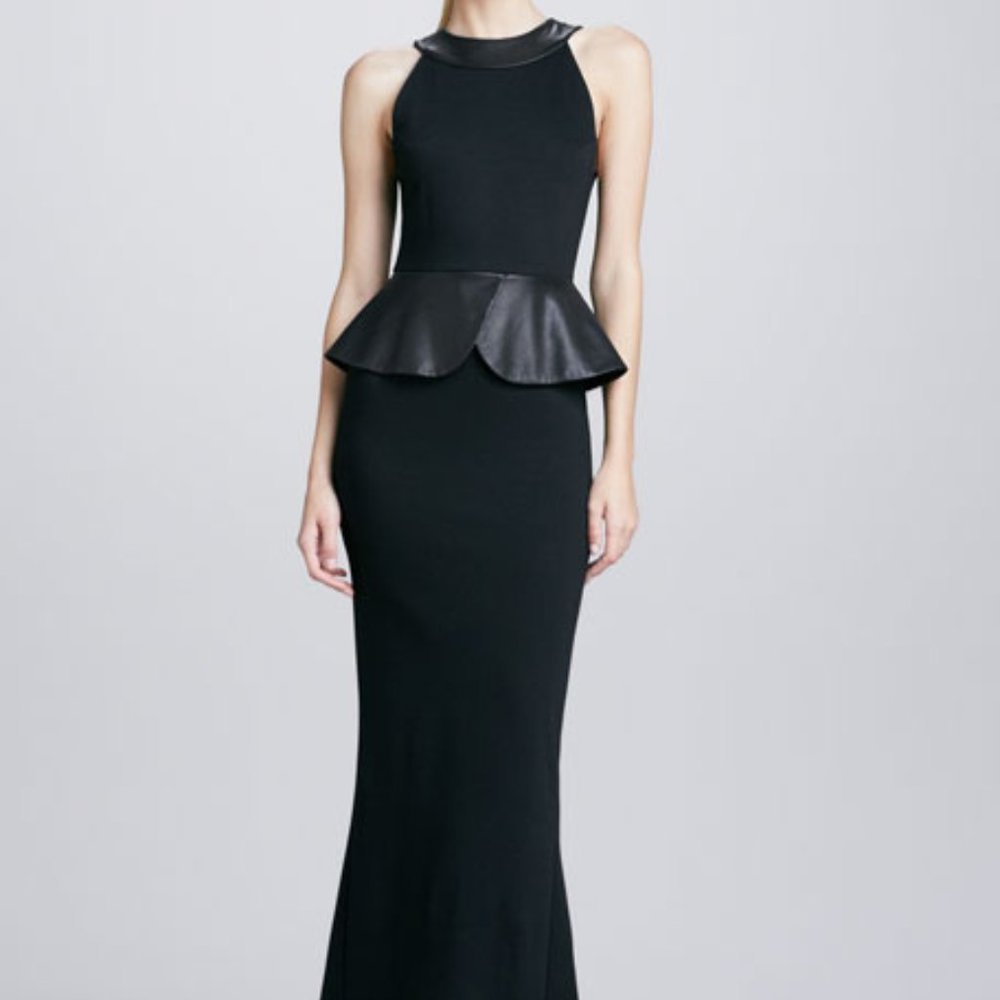 Alice + Olivia Karen Leather-Peplum Ponte Gown